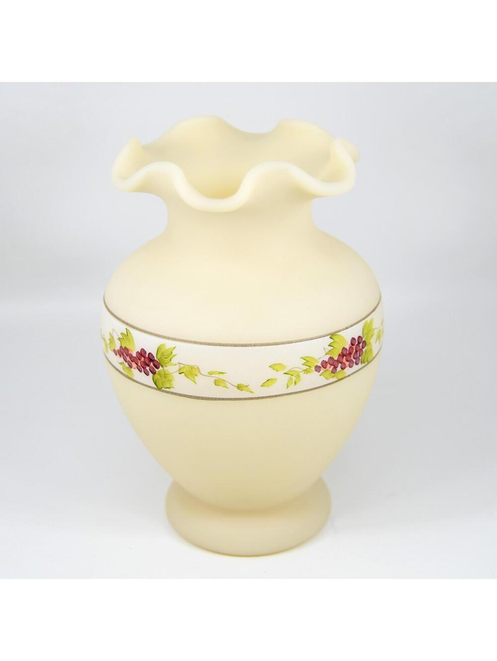 Fenton Cameo Satin Vase Artist Signed Hand Painted Grapes Leaves 6.5" VTG Retro